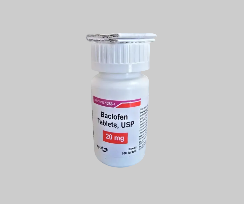 Frasco de Baclofeno 20 mg, 100 tabletas de Zydus, relajante muscular para espasticidad en México.