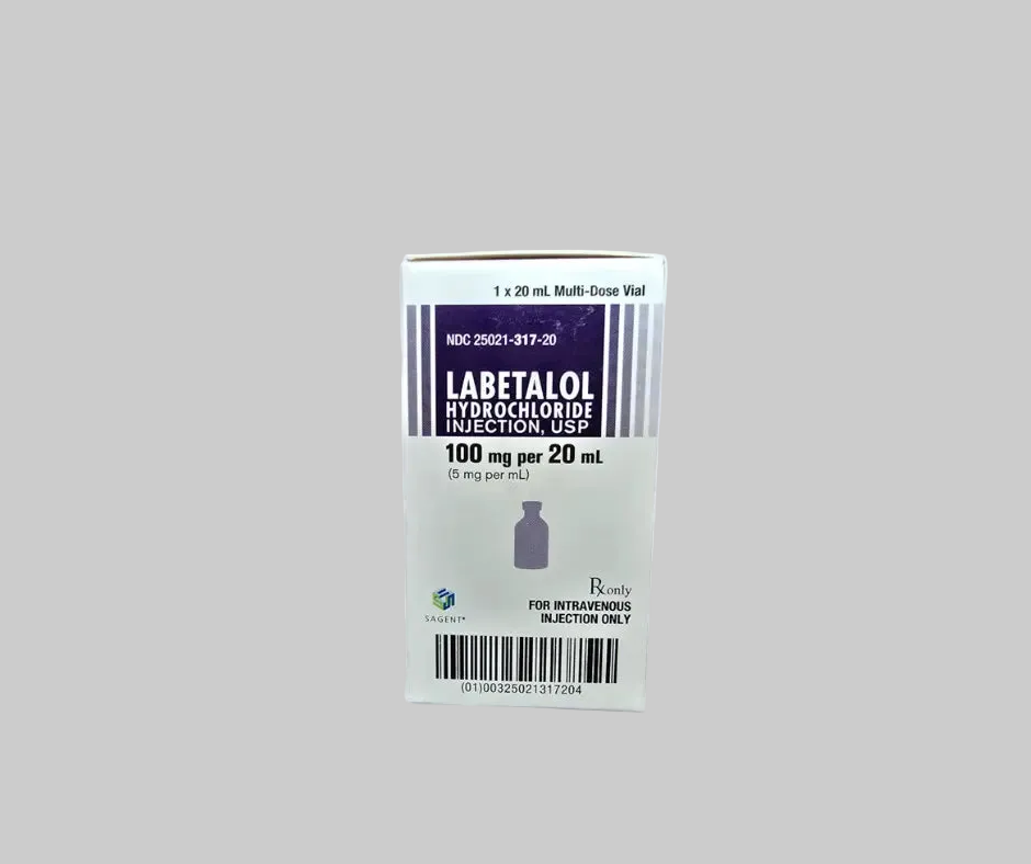 Labetalol inyectable 100 mg / 20 ml para hipertensión, caja con frasco ámpula Bioveta sobre fondo blanco.