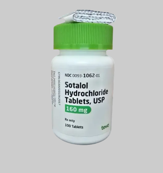 Frasco de Sotalol 160 mg de Laboratorio Teva con 100 tabletas, medicamento antiarrítmico con tapa verde.