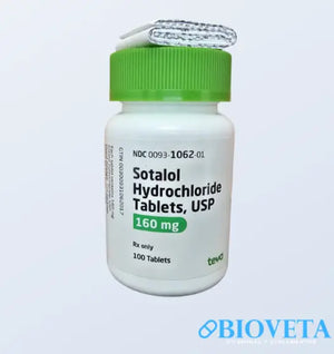 Frasco de Sotalol 160 mg de Laboratorio Teva con 100 tabletas, medicamento antiarrítmico con tapa verde.