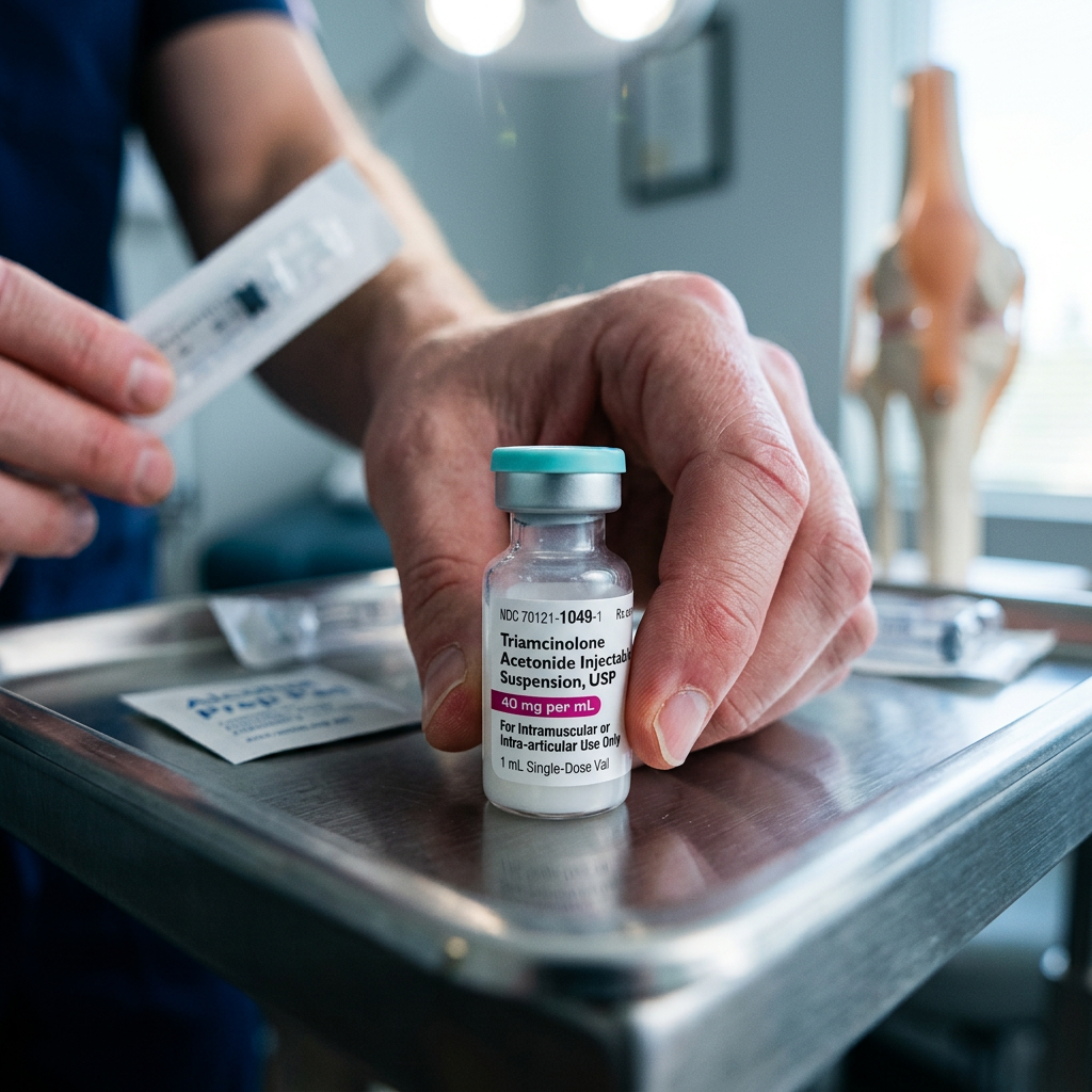 Vial de Triamcinolona 40 mg/ml inyectable Amneal sostenido por médico junto a jeringa en consultorio.